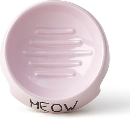 Show full view: PetRageous Designs Meow Inverted Angeled 5-in Ceramic Cat Bowl, 6-oz, Pink slide 2 of 4
