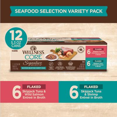 Show full view: Wellness Signature Selects Seafood Selection Variety Pack Grain-Free Flaked Wet Cat Food, 5.3-oz can, case of 12 slide 4 of 12