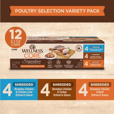 Show full view: Wellness CORE Signature Selects Poultry Selection Variety Pack Canned Cat Food, 5.3-oz can, case of 12 slide 4 of 12