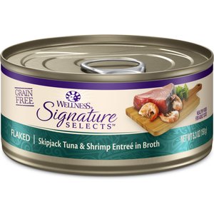 Wellness CORE Signature Selects Flaked Skipjack Tuna & Shrimp Entree in Broth Grain-Free Natural Canned Cat Food, 5.3-oz, case of 12
