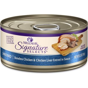 Wellness CORE Signature Selects Shredded Boneless Chicken & Chicken Liver Entree in Sauce Grain-Free Natural Canned Cat Food, 5.3-oz, case of 12