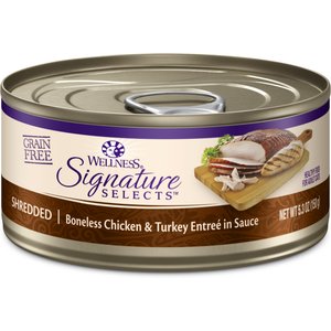 Wellness CORE Signature Selects Shredded Boneless Chicken & Turkey Entree in Sauce Grain-Free Natural Canned Cat Food, 5.3-oz, case of 12