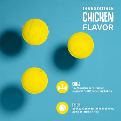 Show full view: Chew King by Mammoth Chicken Flavor Rubber Ball Tough Dog Chew Toy, Yellow, 2.5-in, 3 count slide 3 of 6