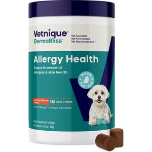 Vetnique Labs Dermabliss Seasonal Allergy & Immune Support Salmon Flavored Allergy & Fish Oil Soft Chew Supplement for Dogs, 120 count