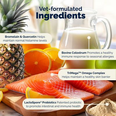 Show full view: Vetnique Labs Dermabliss Seasonal Allergy & Immune Support Salmon Flavored Allergy & Fish Oil Soft Chew Supplement for Dogs, 120 count slide 6 of 12