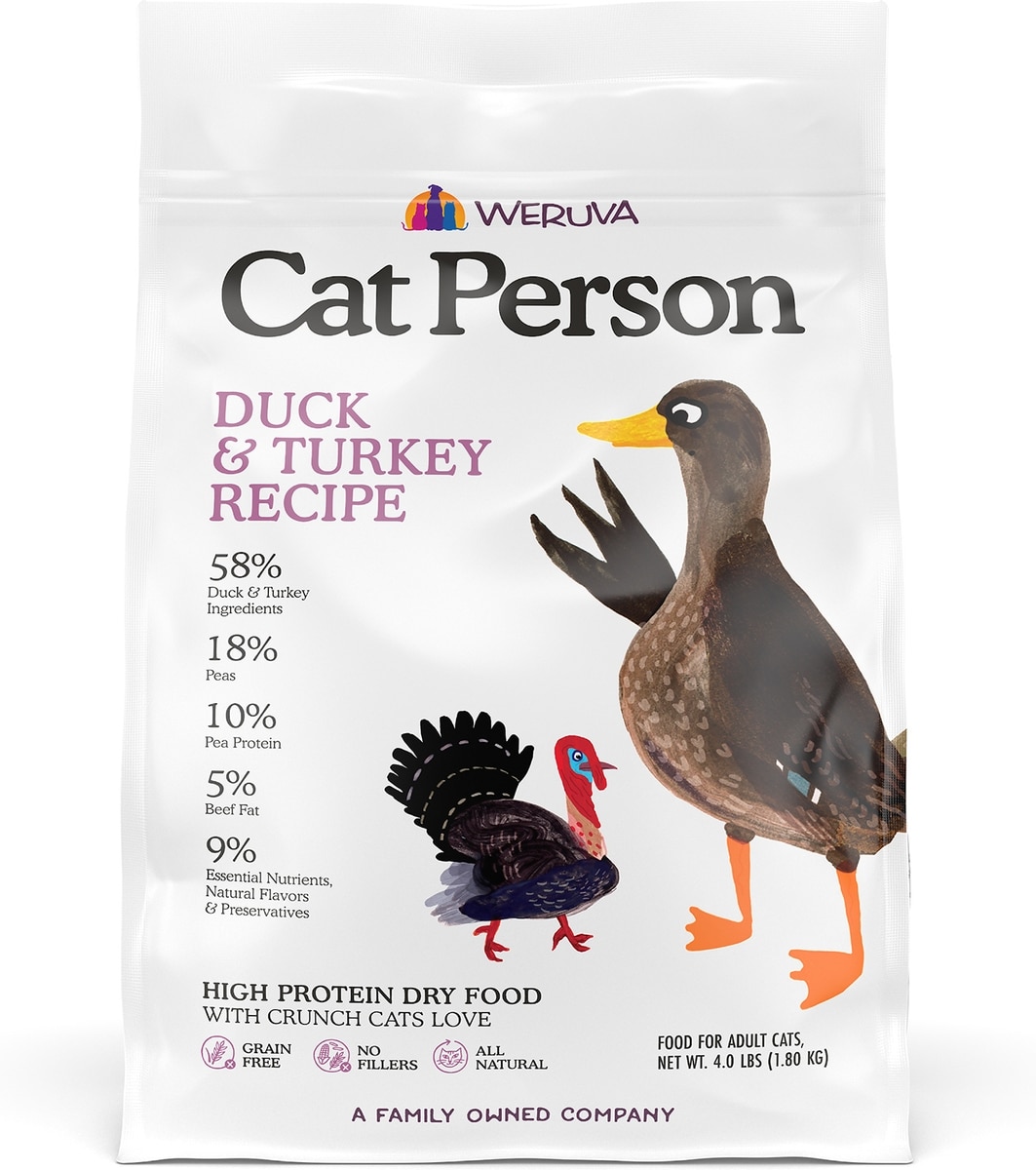 CAT PERSON BY WERUVA Duck \u0026 Turkey Grain-Free Dry Cat Food, 4-lb bag -  Chewy.com, image size:1063x1200