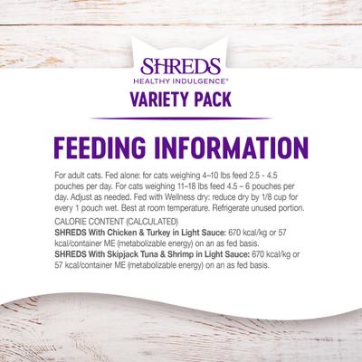 Show full view: Wellness Complete Health Healthy Indulgence Shreds Grain-Free Variety Pack Cat Food Pouches, 3-oz, case of 32 slide 9 of 11