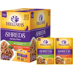 Wellness Complete Health Healthy Indulgence Shreds Grain-Free Variety Pack Cat Food Pouches, 3-oz, case of 32