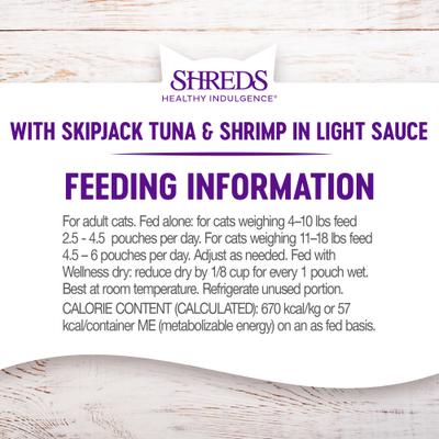 Show full view: Wellness Complete Health Healthy Indulgence Shreds with Skipjack Tuna & Shrimp in Light Sauce Grain-Free Wet Cat Food Pouches, 3-oz, case of 24 slide 9 of 11