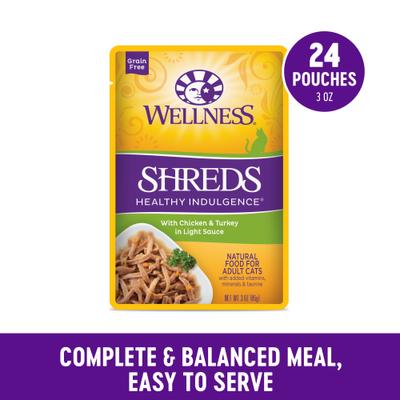 Show full view: Wellness Complete Health Healthy Indulgence Shreds with Chicken & Turkey in Light Sauce Grain-Free Wet Cat Food Pouches, 3-oz, case of 24 slide 4 of 11