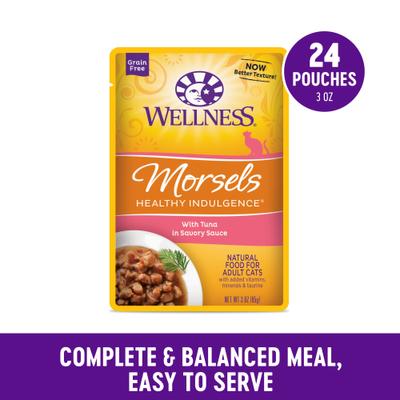 Show full view: Wellness Complete Health Healthy Indulgence Morsels with Tuna in Savory Sauce Grain-Free Wet Cat Food Pouches, 3-oz, case of 24 slide 4 of 11