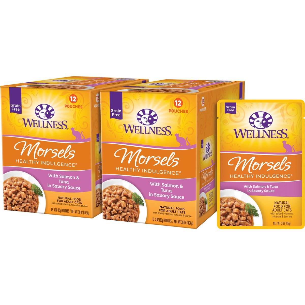 Wellness Complete Health Healthy Indulgence Morsels with Salmon & Tuna in Savory Sauce Grain-Free Wet Cat Food Pouches, 3-oz, bundle of 48