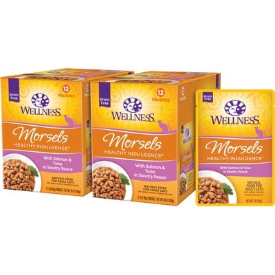 Wellness Wellness Complete Health Healthy Indulgence Morsels with Salmon & Tuna in Savory Sauce Grain-Free Wet Cat Food Pouches, 3-oz, bundle of 48