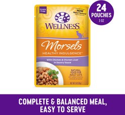 Wellness Complete Health Healthy Indulgence Morsels with Chicken & Chicken Liver in Savory Sauce Grain-Free Wet Cat Food Pouches, 3-oz, case of 24 slide 2 of 8