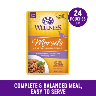 Show full view: Wellness Complete Health Healthy Indulgence Morsels with Chicken & Chicken Liver in Savory Sauce Grain-Free Wet Cat Food Pouches, 3-oz, case of 24 slide 4 of 11