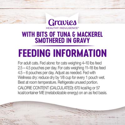 Show full view: Wellness Complete Health Healthy Indulgence Gravies with Bits of Tuna & Mackerel Smothered in Gravy Grain-Free Wet Cat Food Pouches, 3-oz, case of 24 slide 9 of 11