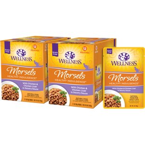 Wellness Complete Health Healthy Indulgence Morsels with Chicken & Chicken Liver in Savory Sauce Grain-Free Wet Cat Food Pouches, 3-oz, case of 24