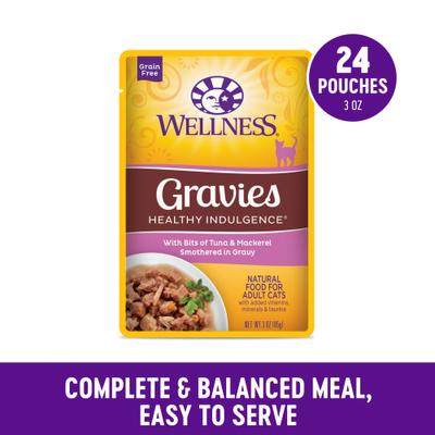 Show full view: Wellness Complete Health Healthy Indulgence Gravies with Bits of Tuna & Mackerel Smothered in Gravy Grain-Free Wet Cat Food Pouches, 3-oz, case of 24 slide 4 of 11
