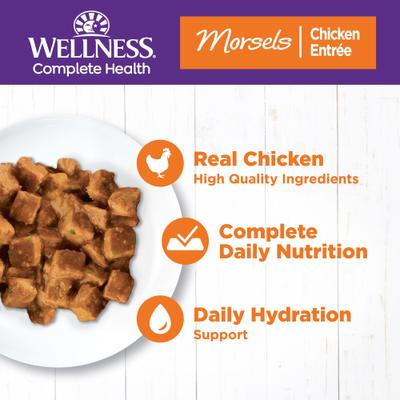 Show full view: Wellness Complete Health Morsels Chicken Entree Grain-Free Canned Cat Food, 3-oz, case of 24 slide 3 of 11