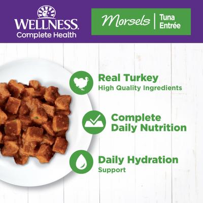 Show full view: Wellness Complete Health Morsels Turkey Dinner Cubes in Rich Gravy Grain-Free Canned Cat Food, 5.5-oz, case of 24 slide 3 of 11