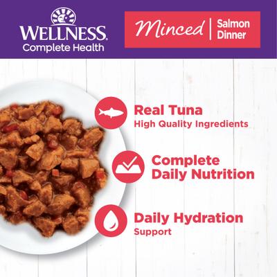Show full view: Wellness Complete Health Natural Minced Salmon Dinner Grain-Free Canned Cat Food, 3-oz, case of 24 slide 3 of 11