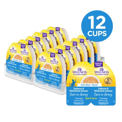 Show full view: Wellness Complete Health Purrfect Duos Salmon & Whitefish Grain-Free Cuts in Gravy Wet Cat Food, 2.64-oz cup, case of 12 slide 3 of 12