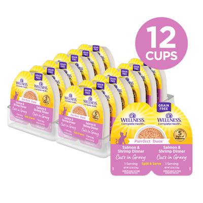 Show full view: Wellness Complete Health Purrfect Duos Salmon & Shrimp Grain-Free Cuts in Gravy Wet Cat Food, 2.64-oz cup, case of 12 slide 3 of 12