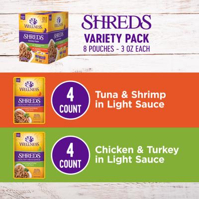 Show full view: Wellness Complete Health Healthy Indulgence Shreds Grain-Free Variety Pack Cat Food Pouches, 3-oz, case of 32 slide 3 of 11