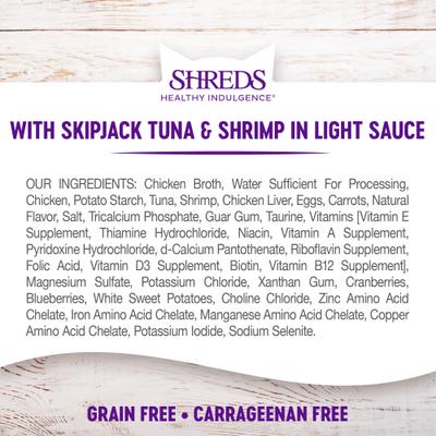 Show full view: Wellness Complete Health Healthy Indulgence Shreds with Skipjack Tuna & Shrimp in Light Sauce Grain-Free Wet Cat Food Pouches, 3-oz, case of 24 slide 7 of 11