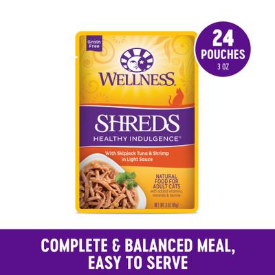Show full view: Wellness Complete Health Healthy Indulgence Shreds with Skipjack Tuna & Shrimp in Light Sauce Grain-Free Wet Cat Food Pouches, 3-oz, case of 24 slide 4 of 11