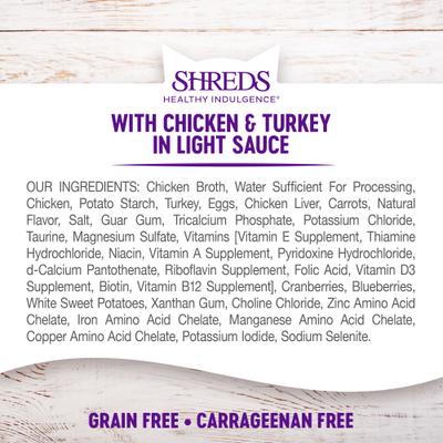 Show full view: Wellness Complete Health Healthy Indulgence Shreds with Chicken & Turkey in Light Sauce Grain-Free Wet Cat Food Pouches, 3-oz, case of 24 slide 7 of 11