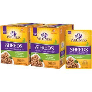 Wellness Complete Health Healthy Indulgence Shreds with Chicken & Turkey in Light Sauce Grain-Free Wet Cat Food Pouches, 3-oz, case of 24