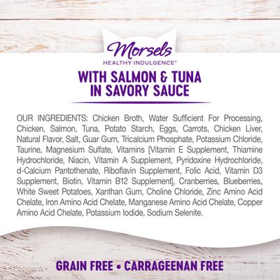 Show full view: Wellness Complete Health Healthy Indulgence Morsels with Salmon & Tuna in Savory Sauce Grain-Free Wet Cat Food Pouches, 3-oz, case of 24 slide 7 of 11