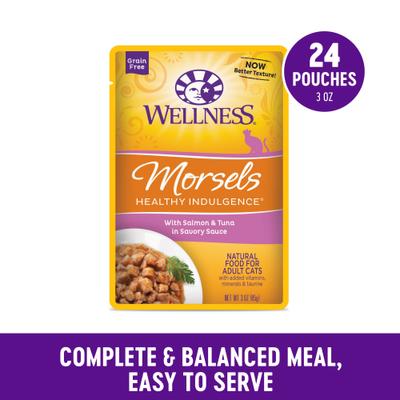 Show full view: Wellness Complete Health Healthy Indulgence Morsels with Salmon & Tuna in Savory Sauce Grain-Free Wet Cat Food Pouches, 3-oz, case of 24 slide 4 of 11