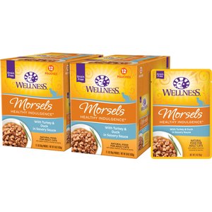 Wellness Complete Health Healthy Indulgence Morsels with Turkey & Duck in Savory Sauce Grain-Free Wet Cat Food Pouches, 3-oz, case of 24