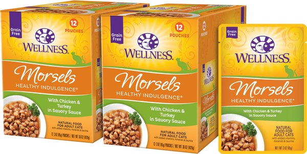 Show full view: Wellness Complete Health Healthy Indulgence Morsels with Chicken & Turkey in Savory Sauce Grain-Free Wet Cat Food Pouches, 3-oz, case of 24 slide 1 of 11