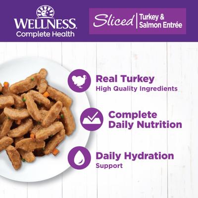 Show full view: Wellness Complete Health Sliced Turkey & Salmon Dinner Grain-Free Canned Cat Food, 5.5-oz, case of 24 slide 3 of 11