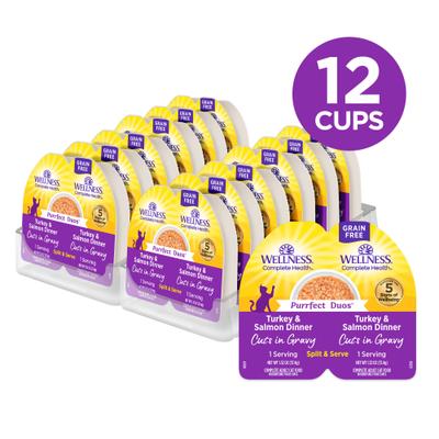 Show full view: Wellness Complete Health Purrfect Duos Turkey & Salmon Grain-Free Cuts in Gravy Wet Cat Food, 2.64-oz cup, case of 12 slide 3 of 12