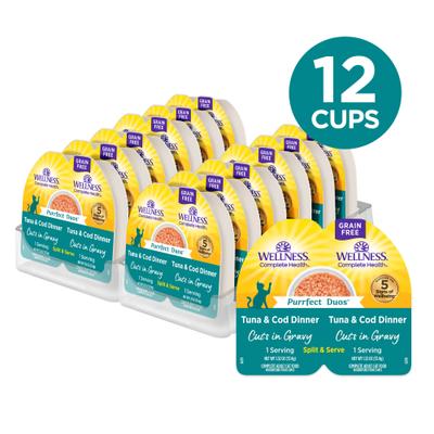 Show full view: Wellness Complete Health Purrfect Duos Tuna & Cod Grain-Free Cuts in Gravy Wet Cat Food, 2.64-oz cup, case of 12 slide 3 of 12