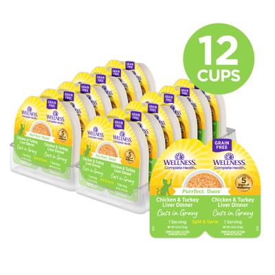 Show full view: Wellness Complete Health Purrfect Duos Chicken & Turkey Liver Grain-Free Cuts in Gravy Wet Cat Food, 2.64-oz cup, case of 12 slide 3 of 12