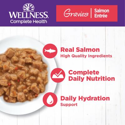 Show full view: Wellness Complete Health Natural Grain-Free Gravies Salmon Entree Canned Cat Food, 5.5-oz, case of 12 slide 3 of 11