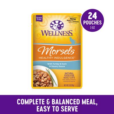 Show full view: Wellness Complete Health Healthy Indulgence Morsels with Turkey & Duck in Savory Sauce Grain-Free Wet Cat Food Pouches, 3-oz, case of 24 slide 4 of 11