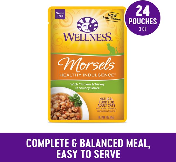 Show full view: Wellness Complete Health Healthy Indulgence Morsels with Chicken & Turkey in Savory Sauce Grain-Free Wet Cat Food Pouches, 3-oz, case of 24 slide 4 of 11