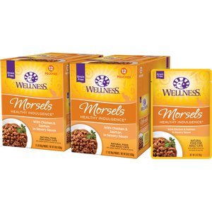 Wellness Complete Health Healthy Indulgence Morsels with Chicken & Salmon in Savory Sauce Grain-Free Wet Cat Food Pouches, 3-oz, case of 24