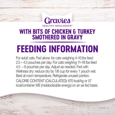 Show full view: Wellness Complete Health Healthy Indulgence Gravies with Bits of Chicken & Turkey Smothered in Gravy Grain-Free Wet Cat Food Pouches, 3-oz, case of 24 slide 9 of 11