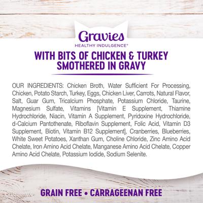 Show full view: Wellness Complete Health Healthy Indulgence Gravies with Bits of Chicken & Turkey Smothered in Gravy Grain-Free Wet Cat Food Pouches, 3-oz, case of 24 slide 7 of 11