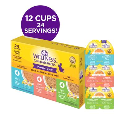 Show full view: Wellness Complete Health Purrfect Duos Variety Pack Grain-Free Pate & Cuts in Gravy Wet Cat Food, 2.64-oz cup, case of 12 slide 3 of 12