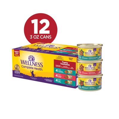 Show full view: Wellness Complete Health Tasty Textures Variety Pack Natural Salmon, Tuna & Chicken Recipes Wet Cat Food, 3-oz can, case of 12 slide 3 of 12