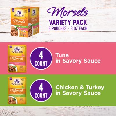 Show full view: Wellness Complete Health Healthy Indulgence Morsels Grain-Free Variety Pack Cat Food Pouches, 3-oz, case of 32 slide 3 of 11