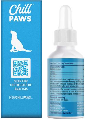 Show full view: Chill Paws Organic 500mg Full Spectrum Hemp Extract Tincture Calming Supplement for Dogs, 1-fl oz bottle slide 5 of 6
